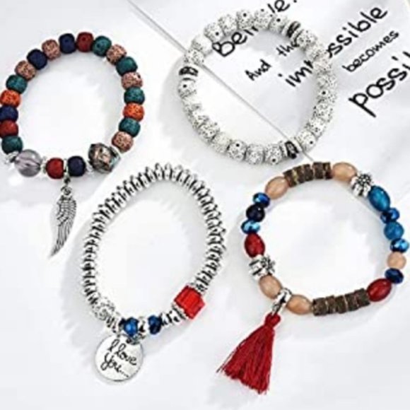 BOHO CHIC BEADED Mix Color I Love you Charm Bracelet Set of 4 New - Picture 1 of 4